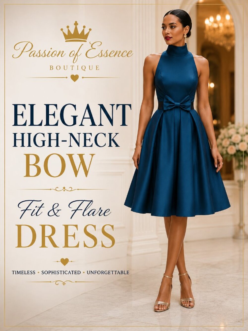 Elegant Teal Blue High-Neck Bow Fit & Flare Dress L XL Formal Cocktail